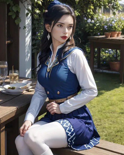 1woman, 18 yo, masterpiece, best quality, (deffelix as a woman), medium hair, dangling earrings, medium breasts, garden, sitting at table,  <lora:felix-nvwls-v1:1>,  (white and blue capelet), white shirt, long sleeves, dark blue skirt, blue leggings, brown...