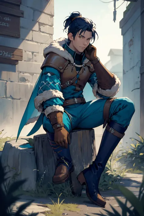 a man in a blue outfit sitting on a stone wall