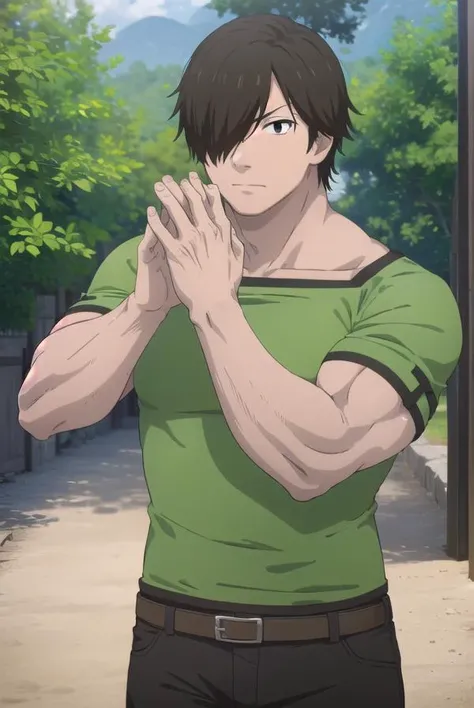 shibatagenzou, <lora:shibata genzou s1-lora-nochekaiser:1>,
shibata genzou, short hair, black hair, male focus, (hair over one eye:1.5), muscular, (black eyes:1.5),
BREAK shirt, pants, green shirt,
BREAK outdoors, forest,
BREAK looking at viewer, (cowboy s...