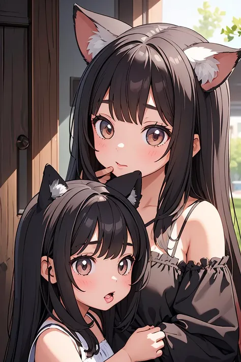 (masterpiece, best quality), 2girl, Dark gray Side Swept Faux Bangs, Size C breasts,  <lora:amagami-001_0.7:0.8> girl behind child, girl taking animal ear in mouth