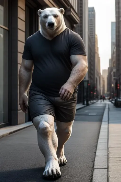 anthro polar bear, male, adult, chubby, shorts, Black shirt, barefoot, full body, walking, realistic fur, realistic eyes, detailed eyes, realistic hands, detailed fur texture, empty background, city background, photorealistic, facing left+