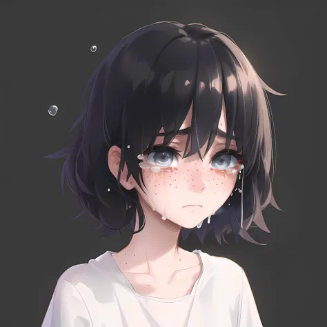 (masterpiece:1.2), (best quality:1.2), 1girl, short hair, black hair, blind, freckles, grey eyes, tears, sad, dark background, <lora:popoka:0.7>, white t-shirt, classrom at background,