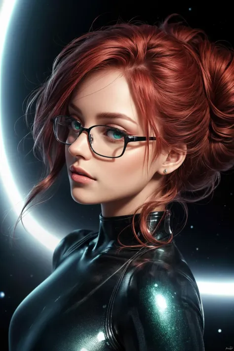 masterpiece, highest quality, 8k, hyperrealism, close up low angle portrait, isometric perspective, 1girl, half German half Swiss, red hair updo, green eyes, (detailed face and eyes):1.2, glasses, lips, full body iridescent bodysuit, cinematic scene, looki...