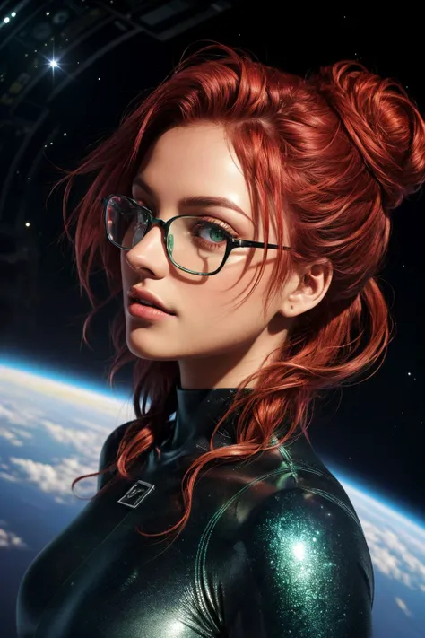 masterpiece, highest quality, 8k, hyperrealism, close up low angle portrait, isometric perspective, 1girl, half German half Swiss, red hair updo, green eyes, (detailed face and eyes):1.2, glasses, lips, full body iridescent bodysuit, cinematic scene, looki...