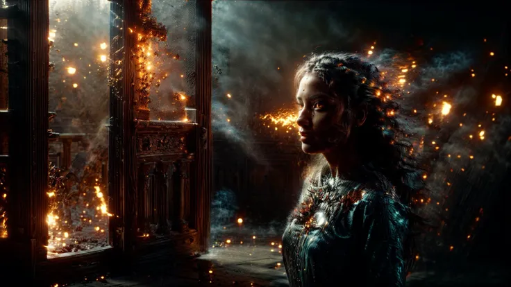 a woman in a dress standing in front of a window with fire coming out