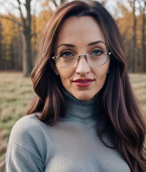 a close up of a woman wearing glasses and a turtle neck sweater