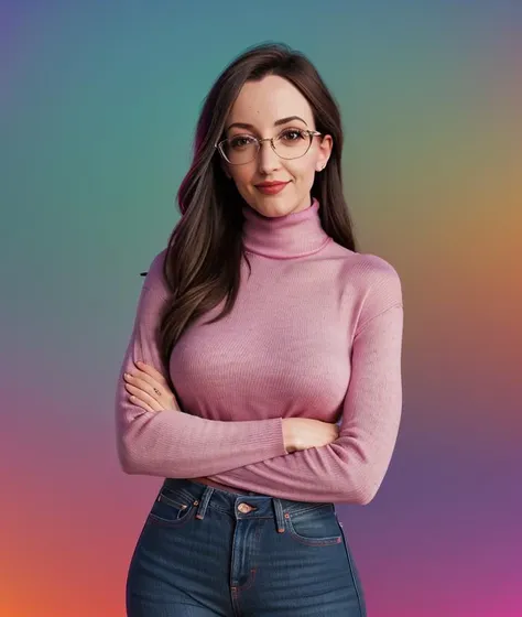 a woman in a pink turtle neck sweater and jeans posing for a picture