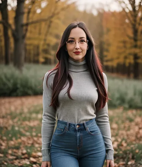 arafed woman in a gray turtleneck sweater and jeans posing for a picture