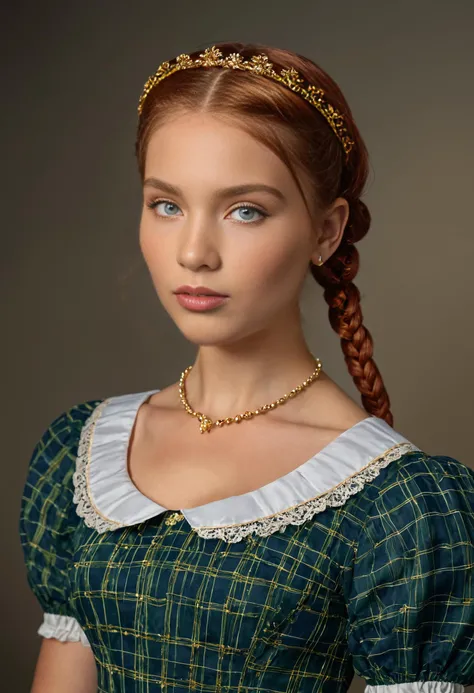 Photographic portrait of a green eyed young woman with natural red braided pigtails, wearing a dark blue-green checkered dress with a round neckline and a golden tiara, from which the white collar of a blouse protrudes, softly lit from the left   <lora:Blu...