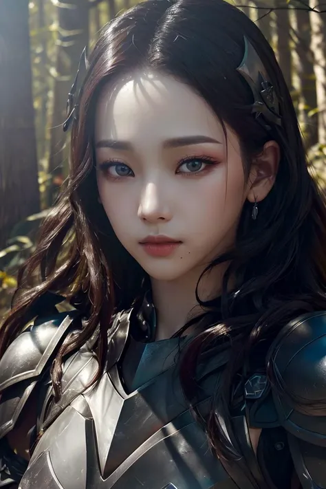 a aespakarina,perfect eyes,(ultra realistic:1.5),(standing in forest:1.2),(close-up photo:1.5),(black paladin epic armor:1.2),(intricate:1.2),(looking at camera:1.2),(best quality:1.2),<lora:aespakarina-v5:1>,