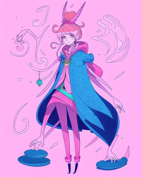 ayejaymakeart , woman, wearing a pink cloak with a bolo tie, top bun with pink hairband, long limbs, full body, casting a magic spell, in a blue white library background, cartoon, minimal facial features