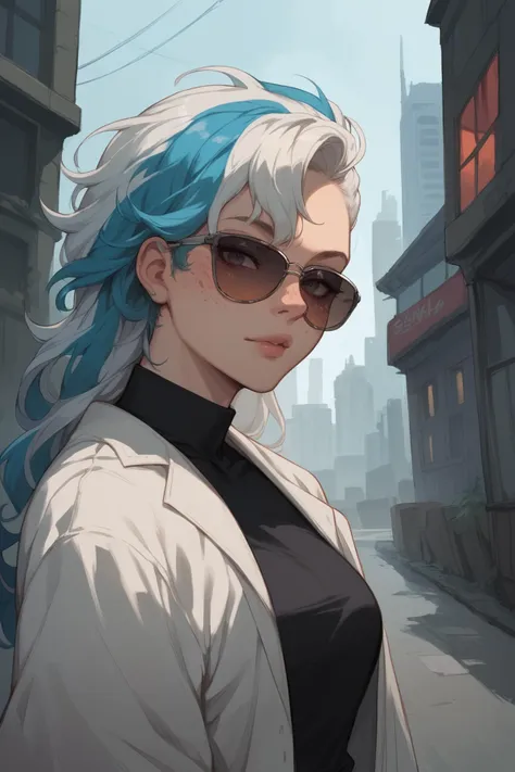 a woman with blue hair and sunglasses standing in a city street