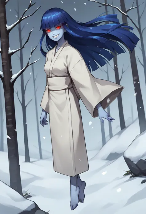 a woman in a white robe and blue hair walking through a snowy forest