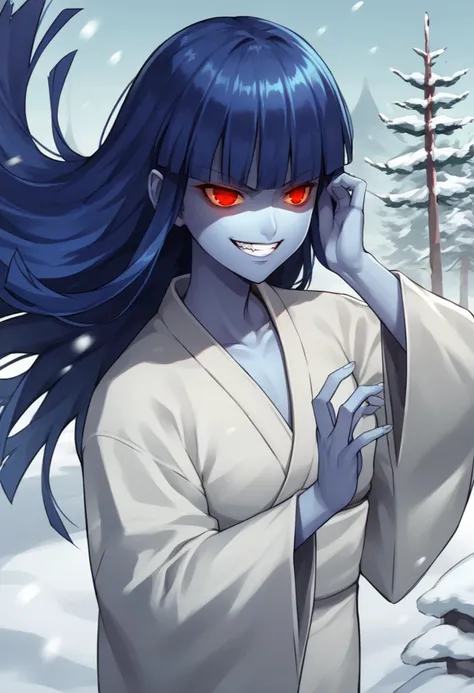 anime girl with blue hair and red eyes in a white kimono