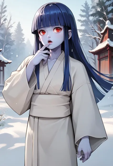 anime girl with blue hair and red eyes in a white robe