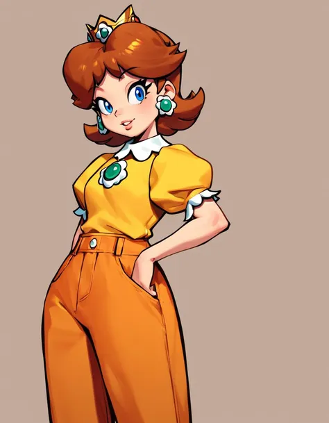 a cartoon of a woman in a yellow shirt and orange pants