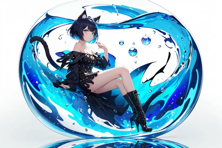 -1girl, kaltsit (arknights), solo, animal ears, in container, green eyes, dress, cat ears, green dress, black footwear, boots, short hair, looking at viewer, off shoulder, bare shoulders, animal ear fluff, leaf, white background, submerged, bangs, off-shou...