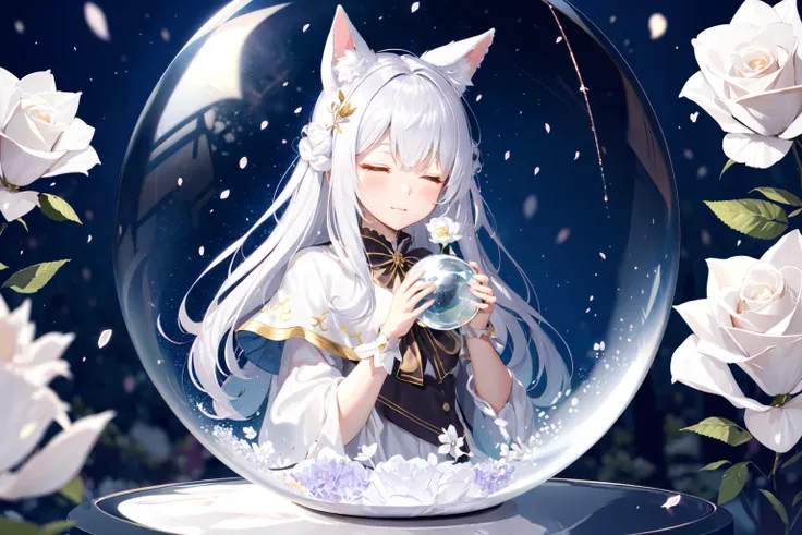 -long hair, solo, flower, white hair, closed eyes, white flower, in container, animal ears, rose, male focus, capelet, long sleeves, 1boy, 1girl, bangs, white rose, white capelet<lora:Crystal ball_20240112152706:0.8>,Crystal ball,