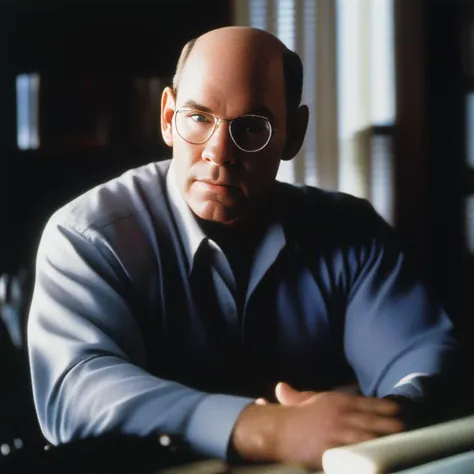 arafed man in glasses sitting at a desk with a laptop