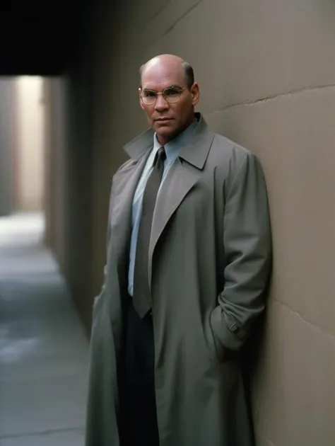 arafed man in a trench coat leaning against a wall