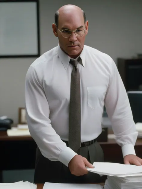 a man in a white shirt and tie standing in front of a pile of papers