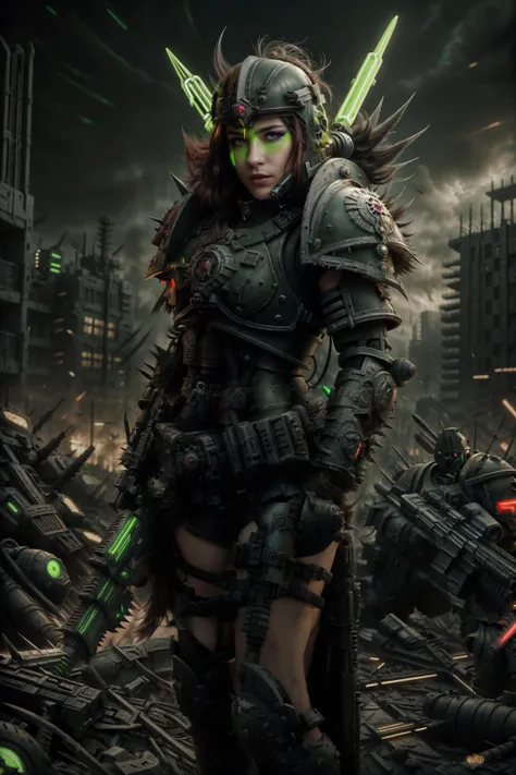 photograph of (20year woman:1.25), 1girl, (standing in a dystopian city), ChaosMarineStyleAI, tough face, (eyeliner, dark makeup), gun, (Neon Green plate armor, shoulder pads, gauntlets, helmet:1.2), choker, hip belt BREAK (disheveled Auburn hair), dark at...