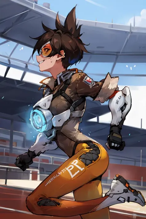 <lora:OverWatch_Tracer-DEF:1> tracer, running, track racing, from side, smile, teeth, sweat