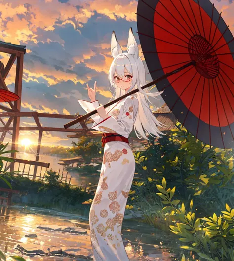 masterpiece, best quality, 
1girl, white long hair,  animal ears, red kimono,Japanese umbrella, sunse, glasses, curb stone, river,