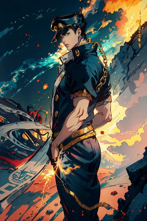 (masterpiece), best quality, 8k, perfect artwork, (lightning effect,  time stop), fantasy, 1man, kujo jotaro, muscular man, star...