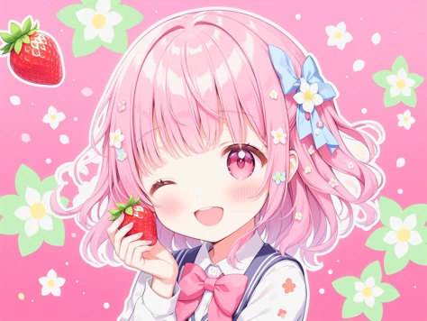 anime girl with pink hair holding a strawberry in front of a pink background