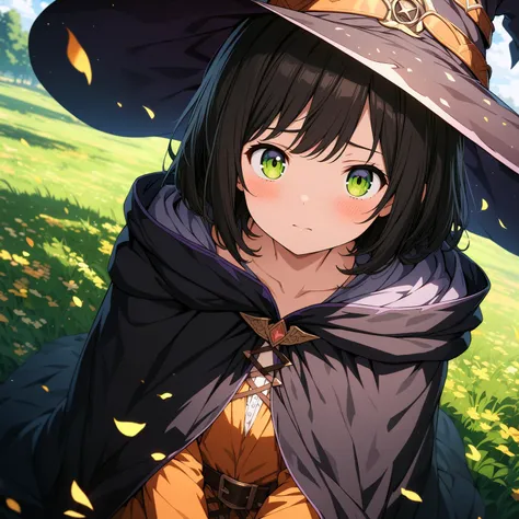 anime girl in a witch hat and cape with a cat