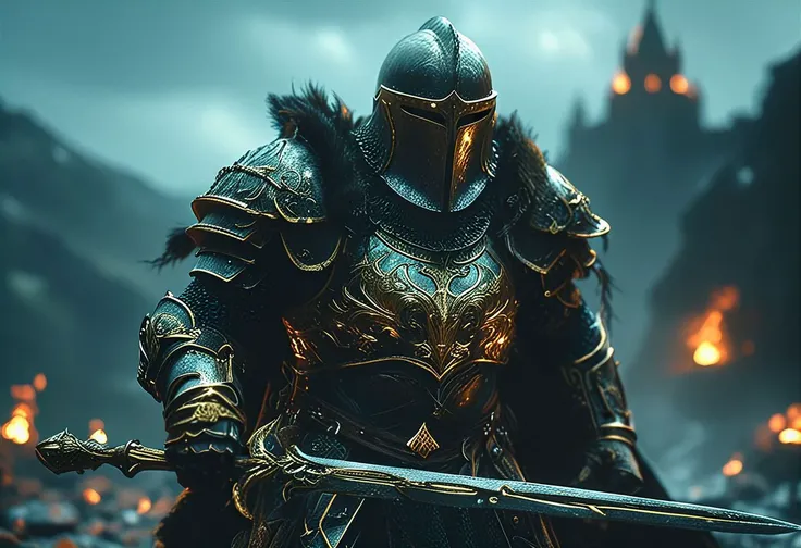 a close up of a person in armor holding a sword