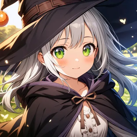 anime girl with white hair wearing a black hat and green eyes