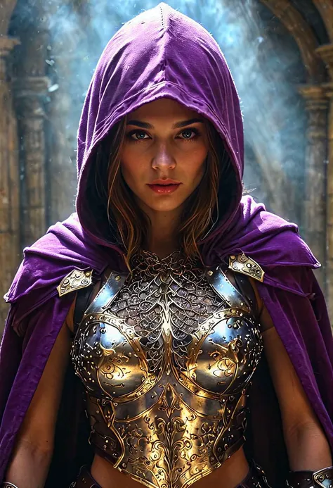 arafed woman in a purple cloak and armor standing in a stone building