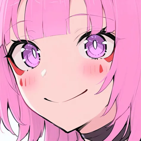 anime girl with pink hair and purple eyes staring at the camera