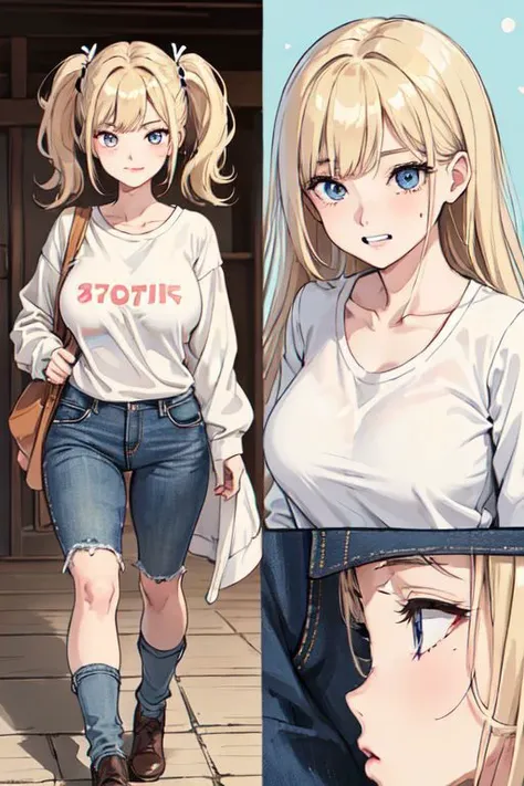 (charactersheet), (multiple views, full body, upper body, reference sheet), BREAK 
1girl, solo, large breasts:1.6, (mole on breast), blonde hair, very long hair, loose bangs, hair over one eye, blue eyes, beautiful face, delicate and detailed body, correct...