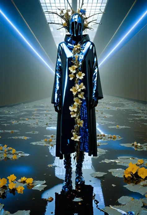 arafed image of a man in a blue raincoat and a flower crown