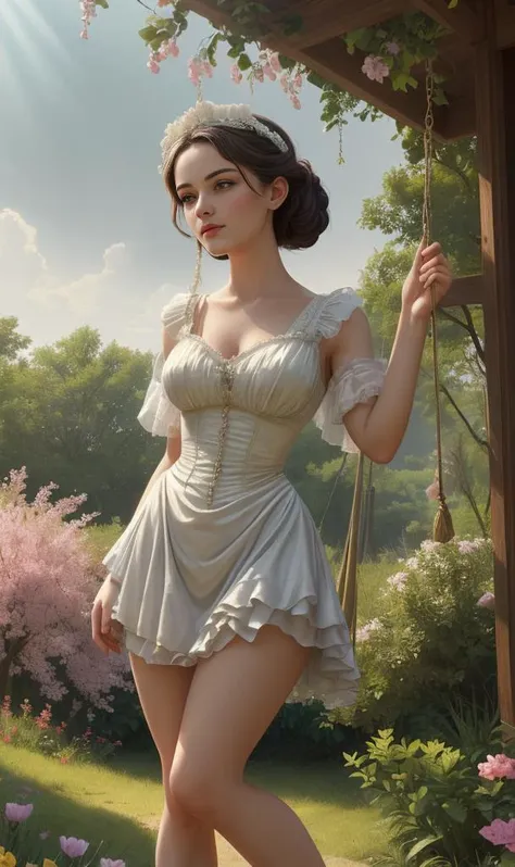 a painting of a woman in a white dress standing in a garden