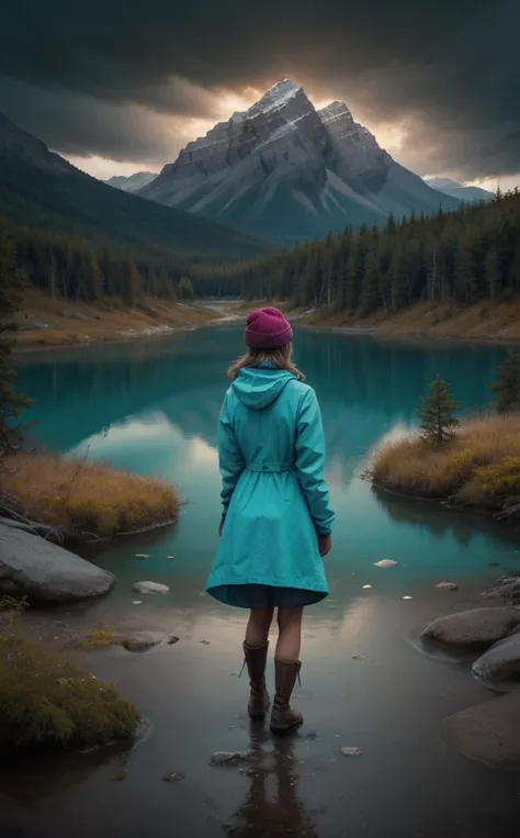 arafed woman in a blue coat standing in a lake with a mountain in the background