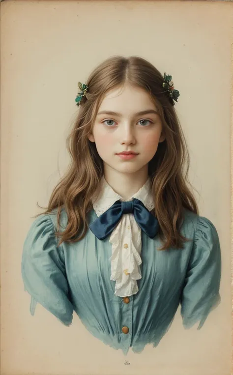 a painting of a young girl with a bow tie and blue dress