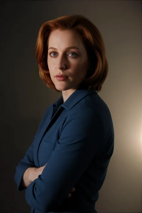 a woman with red hair and a blue shirt posing for a picture