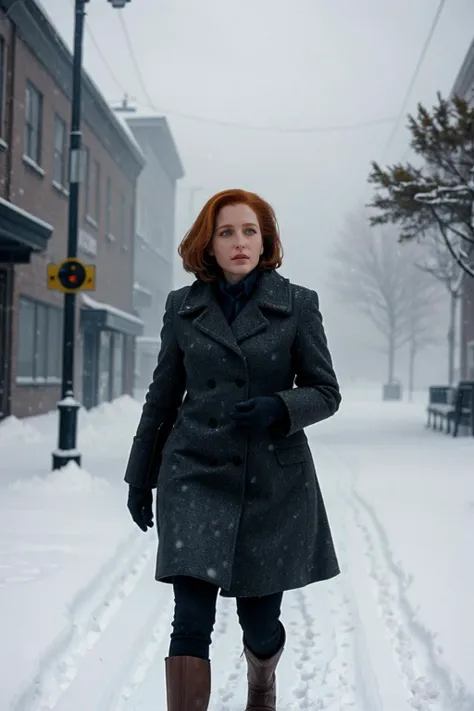 woman walking through the snow, heavy coat, cinematic, highly detailed,
<lora:DanaScullySD_v2:0.8> agentscully