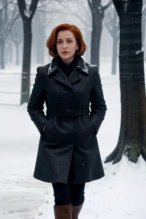 a woman in a black coat standing in the snow