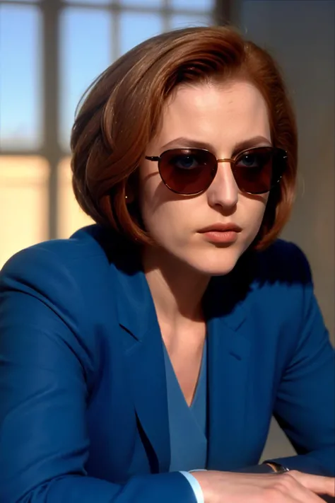 <lora:DanaScullySD_v2:1> agentscully, sunglasses, blue suit, cool and relaxed, highly detailed, cinematic, upper body, close-up, short hair, bob cut, sunshine, bright light,