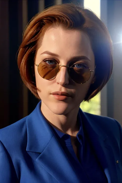 <lora:DanaScullySD_v2:1> agentscully, sunglasses, blue suit, cool and relaxed, highly detailed, cinematic, upper body, close-up, short hair, bob cut, sunshine, bright light,