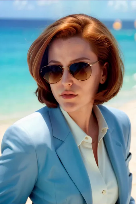 <lora:DanaScullySD_v2:1> agentscully, sunglasses, suit, cool and relaxed, highly detailed, cinematic, upper body, close-up, short hair, bob cut, sunshine, bright light, miami vice style,