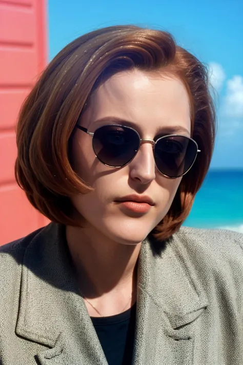 <lora:DanaScullySD_v2:1> agentscully, sunglasses, suit, cool and relaxed, highly detailed, cinematic, upper body, close-up, short hair, bob cut, sunshine, bright light, miami vice style,