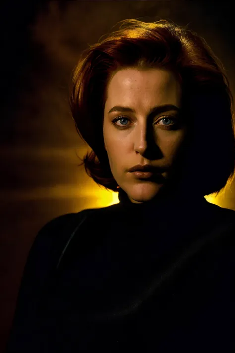 a close up of a woman with a black shirt and a red hair