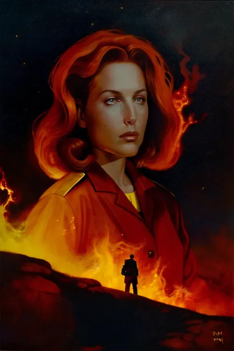 a painting of a woman standing in front of a fire