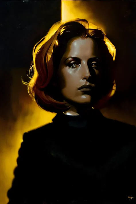 a painting of a woman with a red hair and a black top